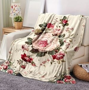 Vintage Victorian Rose Floral Pink &Cream Flannel Throw Blanket Mothers Day Gift